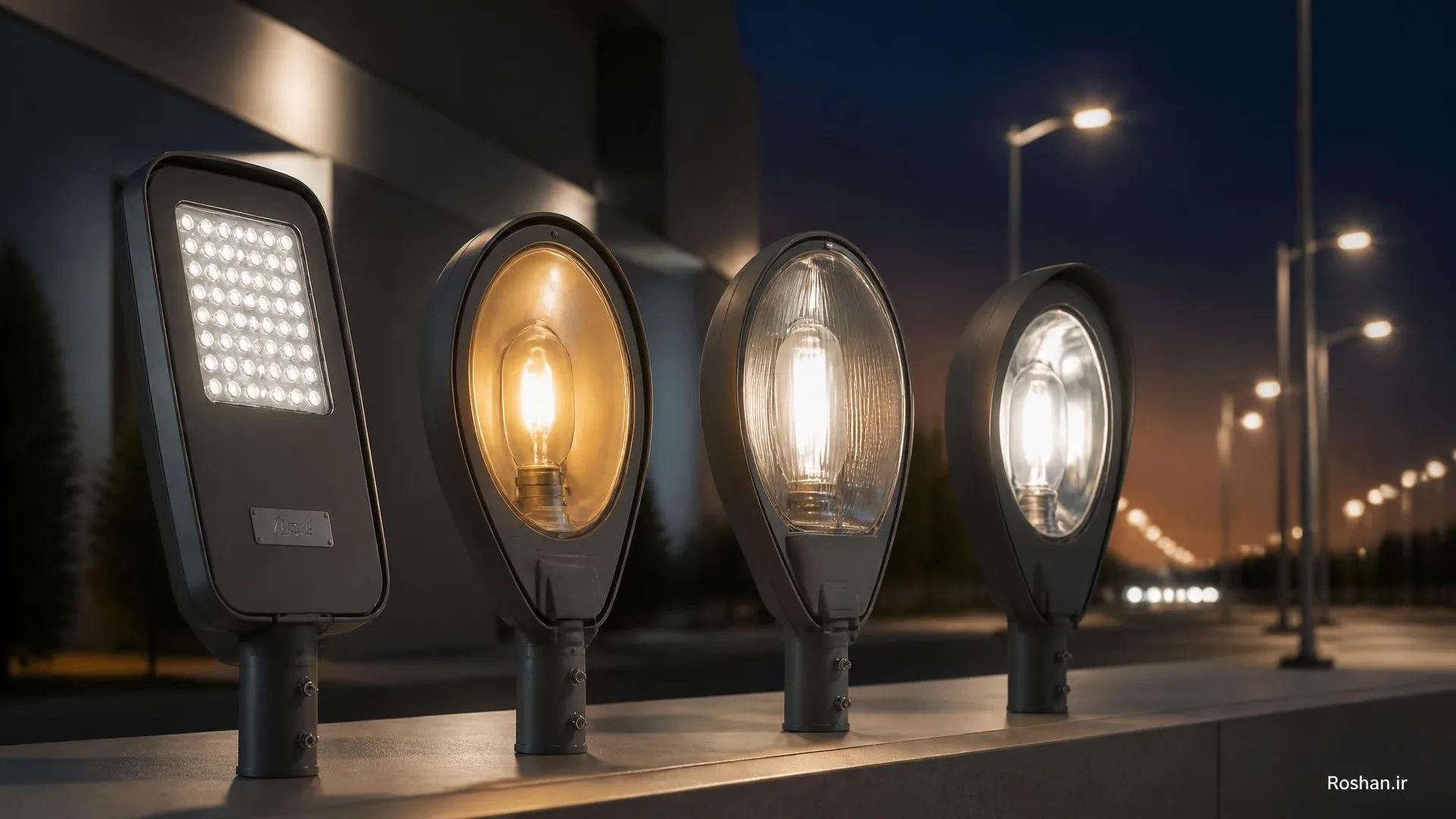 مقایسه چراغ خیابانی LED با خورشید گازی و متال هالید در طراحی روشنایی outdoor